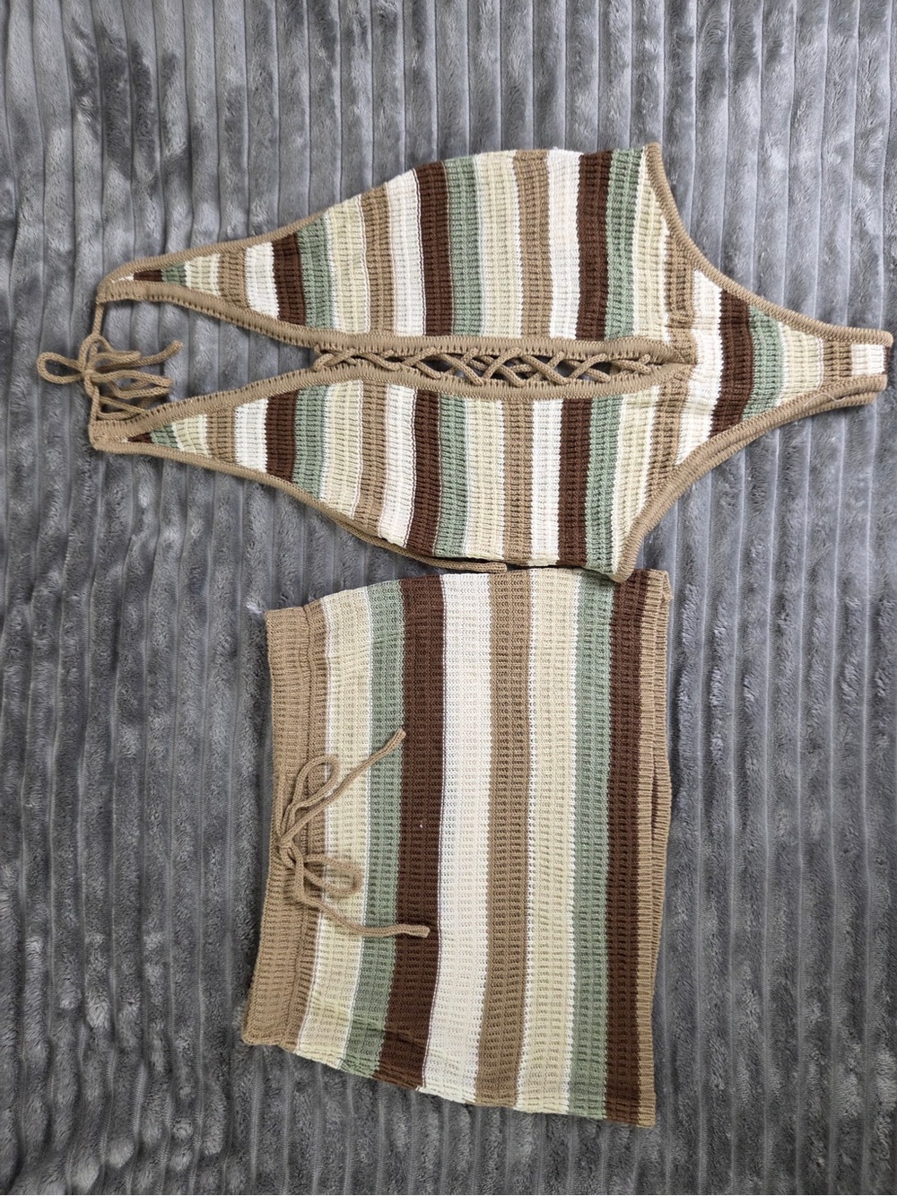 Striped Crochet Two-Piece Set in Beige, Brown & Sage